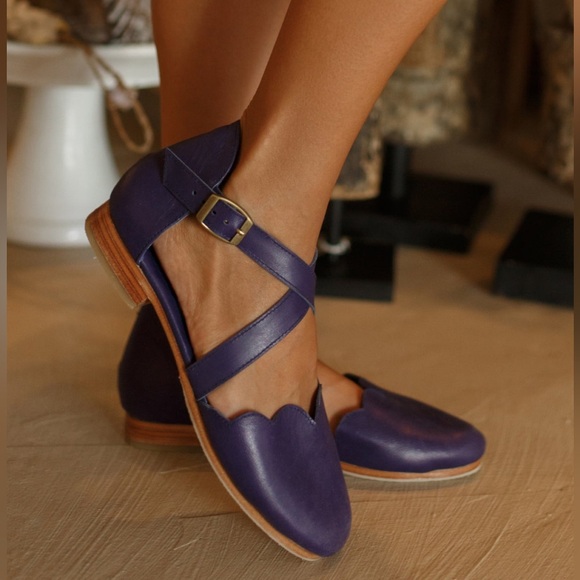 ELF Balielf Women  Flats  Mangrove Handmade Criss Cross Strap Blue Leather 8.5 - Picture 1 of 12
